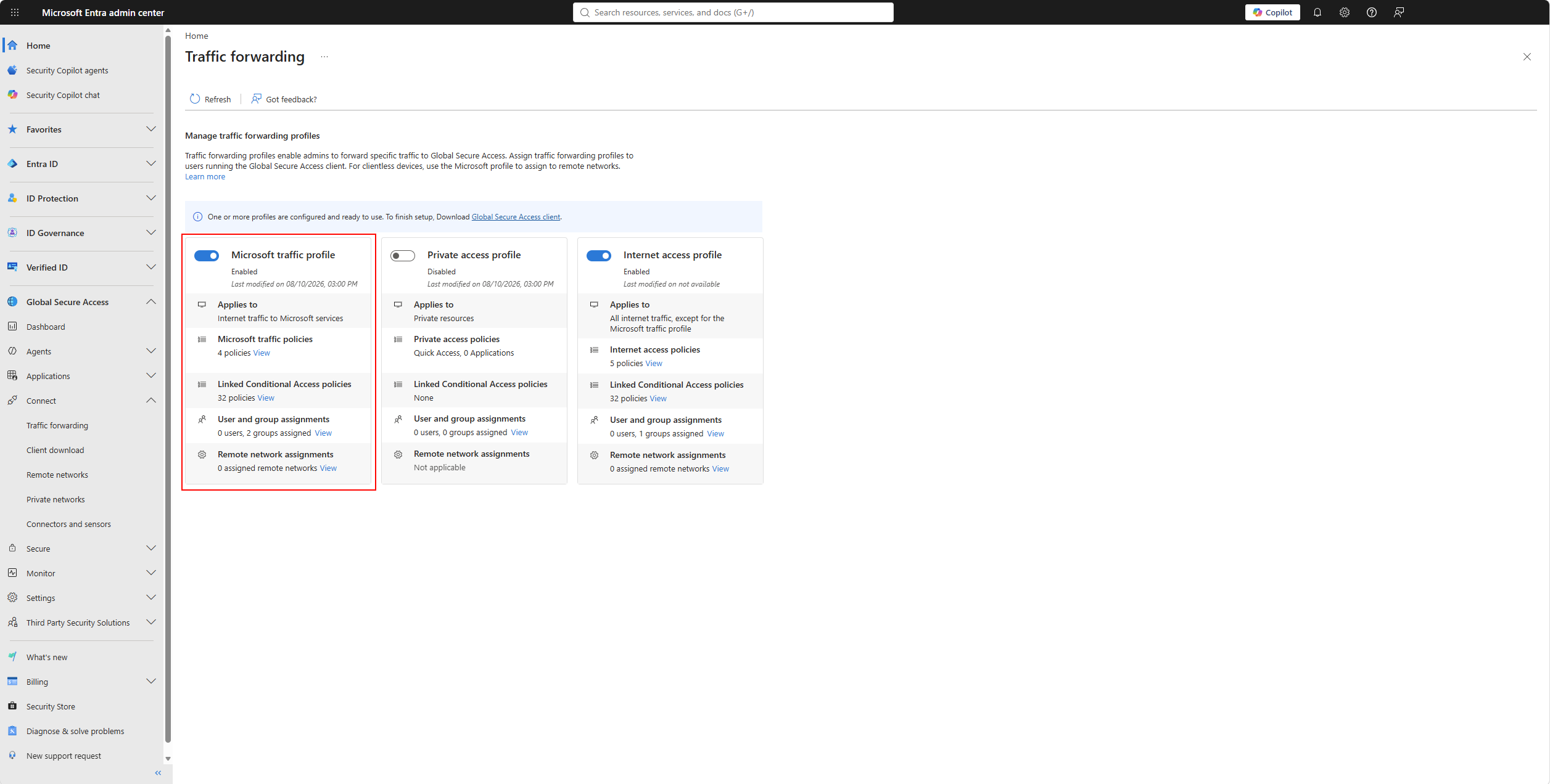 Global Secure Access Connect Traffic forwarding Microsoft traffic profile στο Microsoft Entra admin center