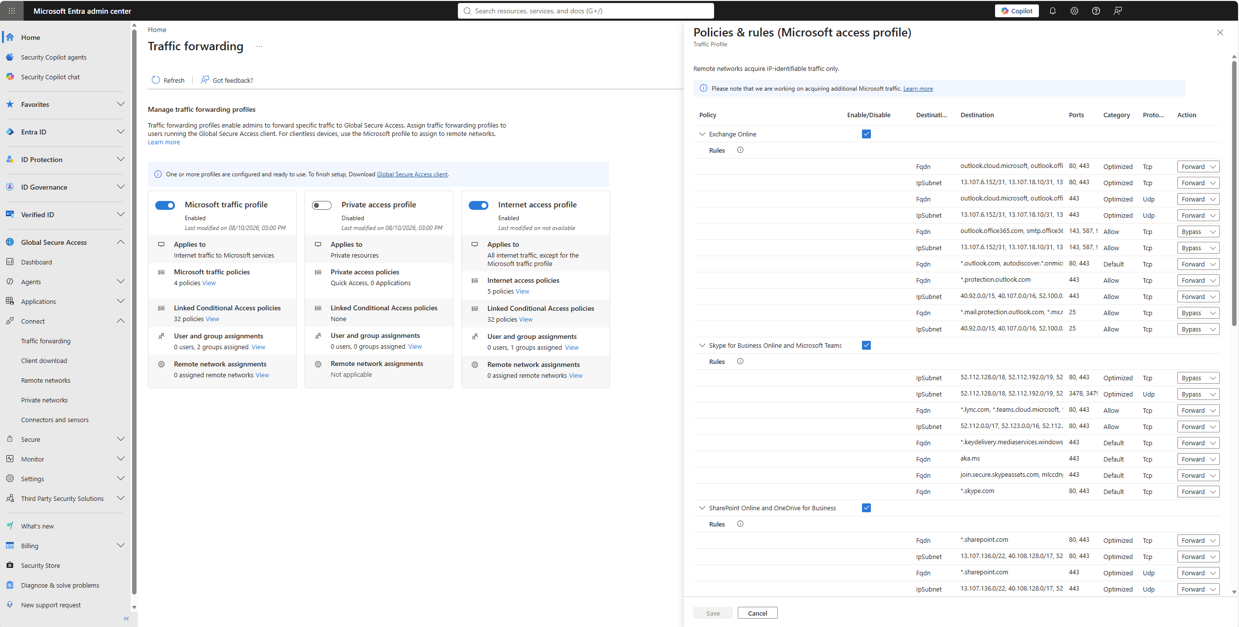Traffic forwarding profile ρυθμίσεις για το Microsoft traffic profile στο Global Secure Access