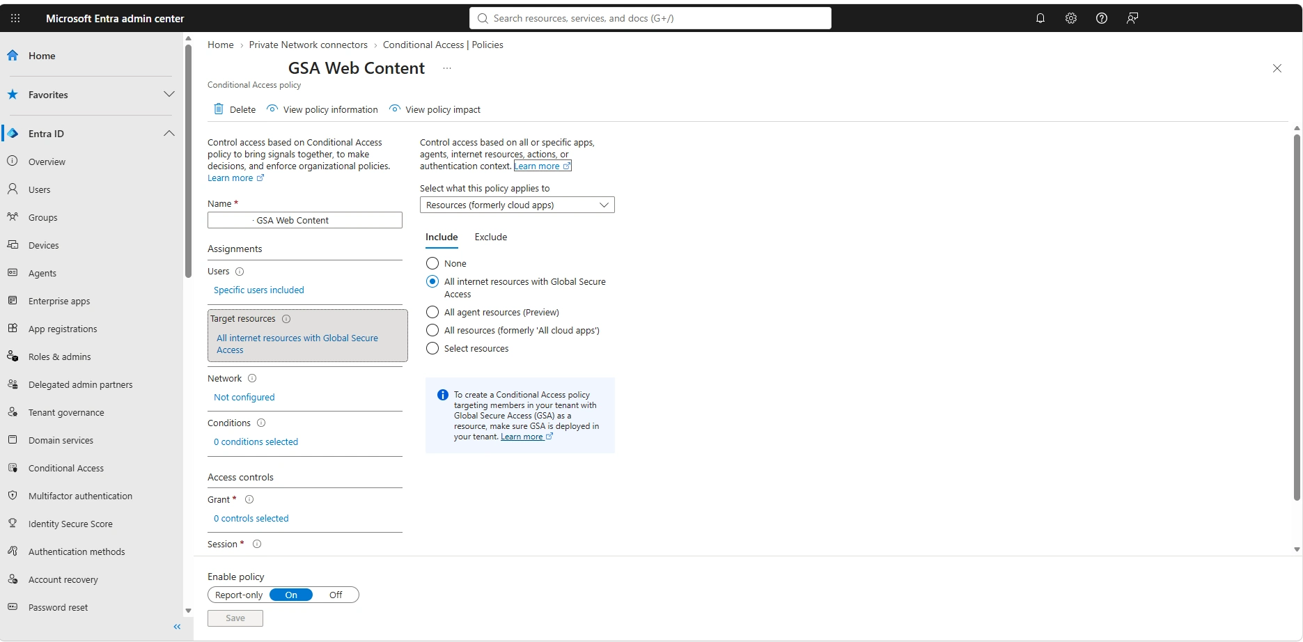 Conditional Access policy δημιουργία πολιτικής με Target resources All internet resources with Global Secure Access