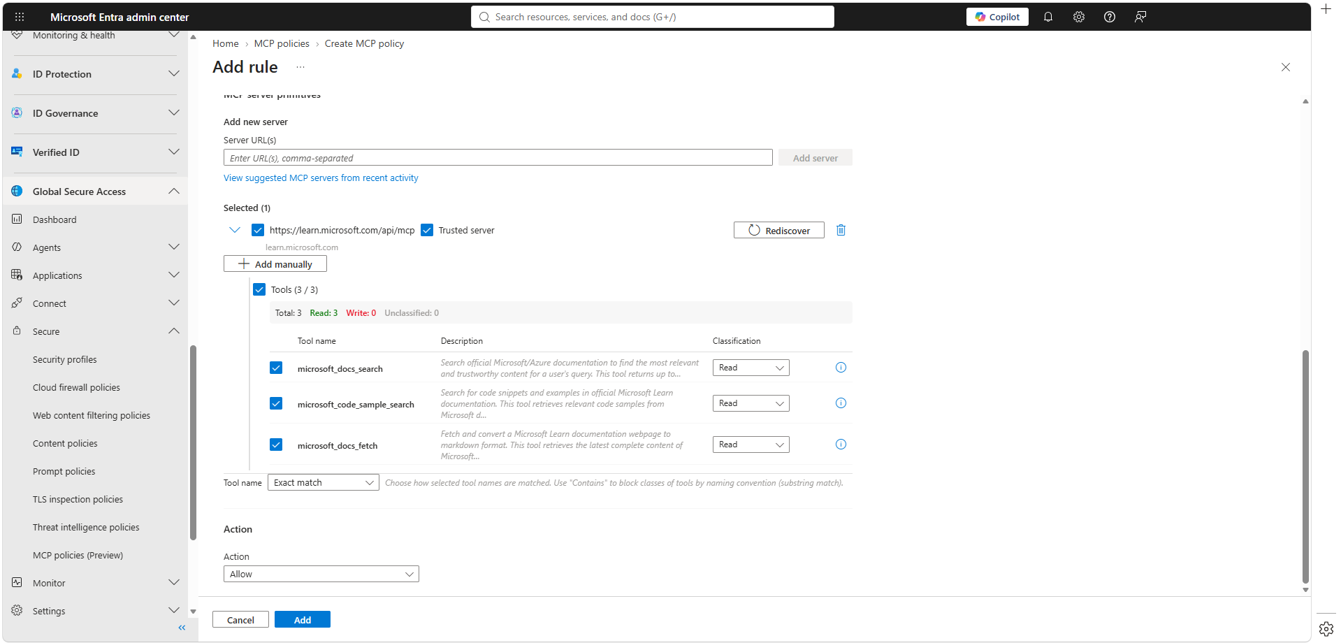 Discovered tools σε MCP server μέσα από Global Secure Access