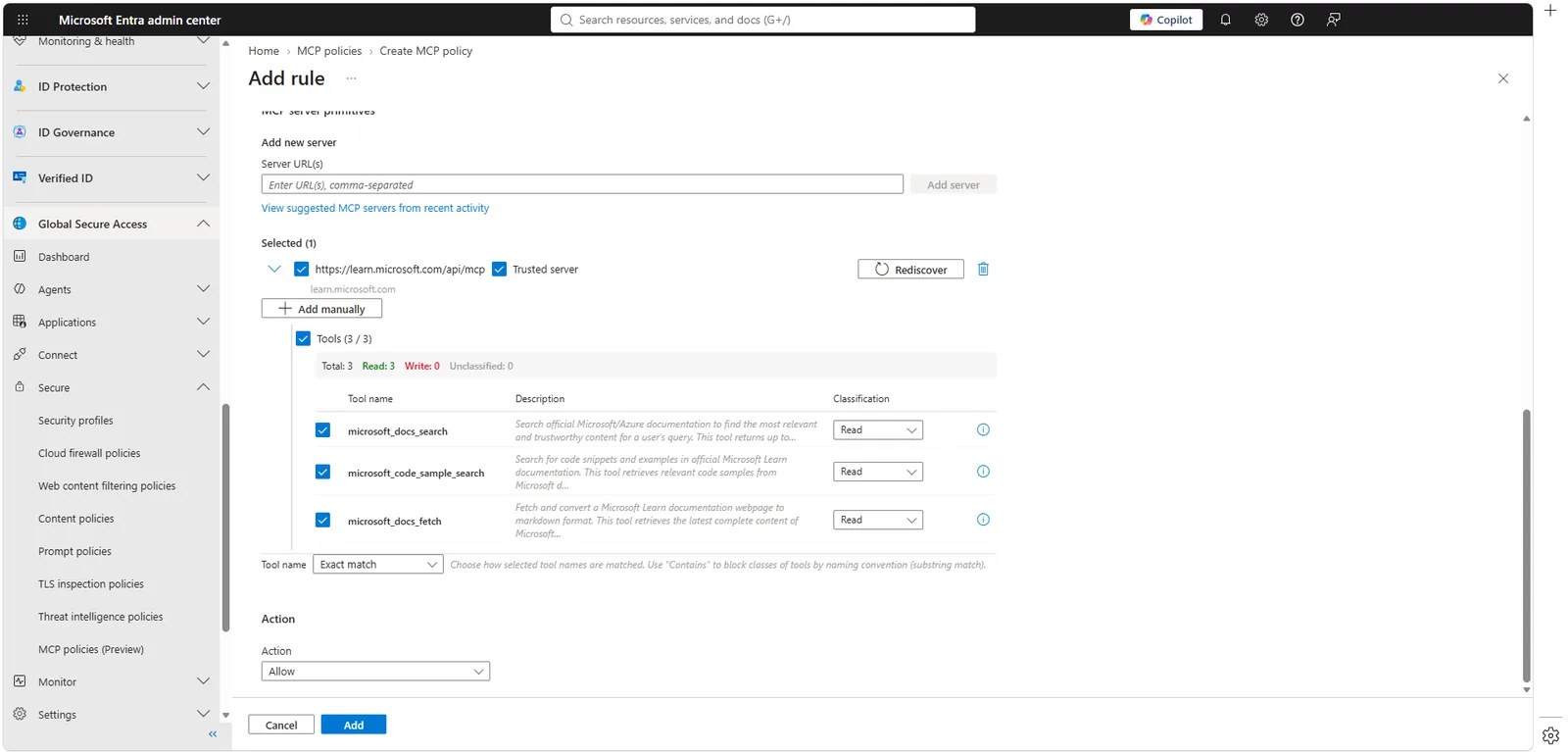 Discovered tools σε MCP server μέσα από Global Secure Access