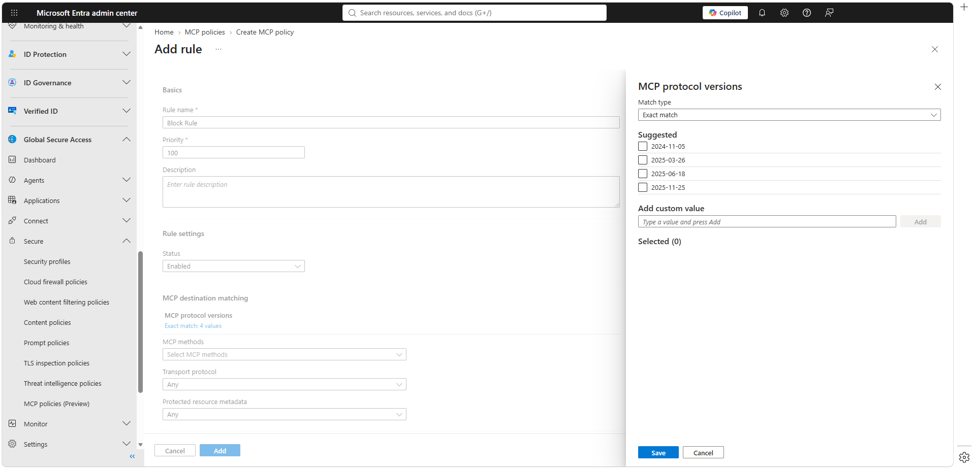 MCP protocol version rule στο Global Secure Access MCP policy