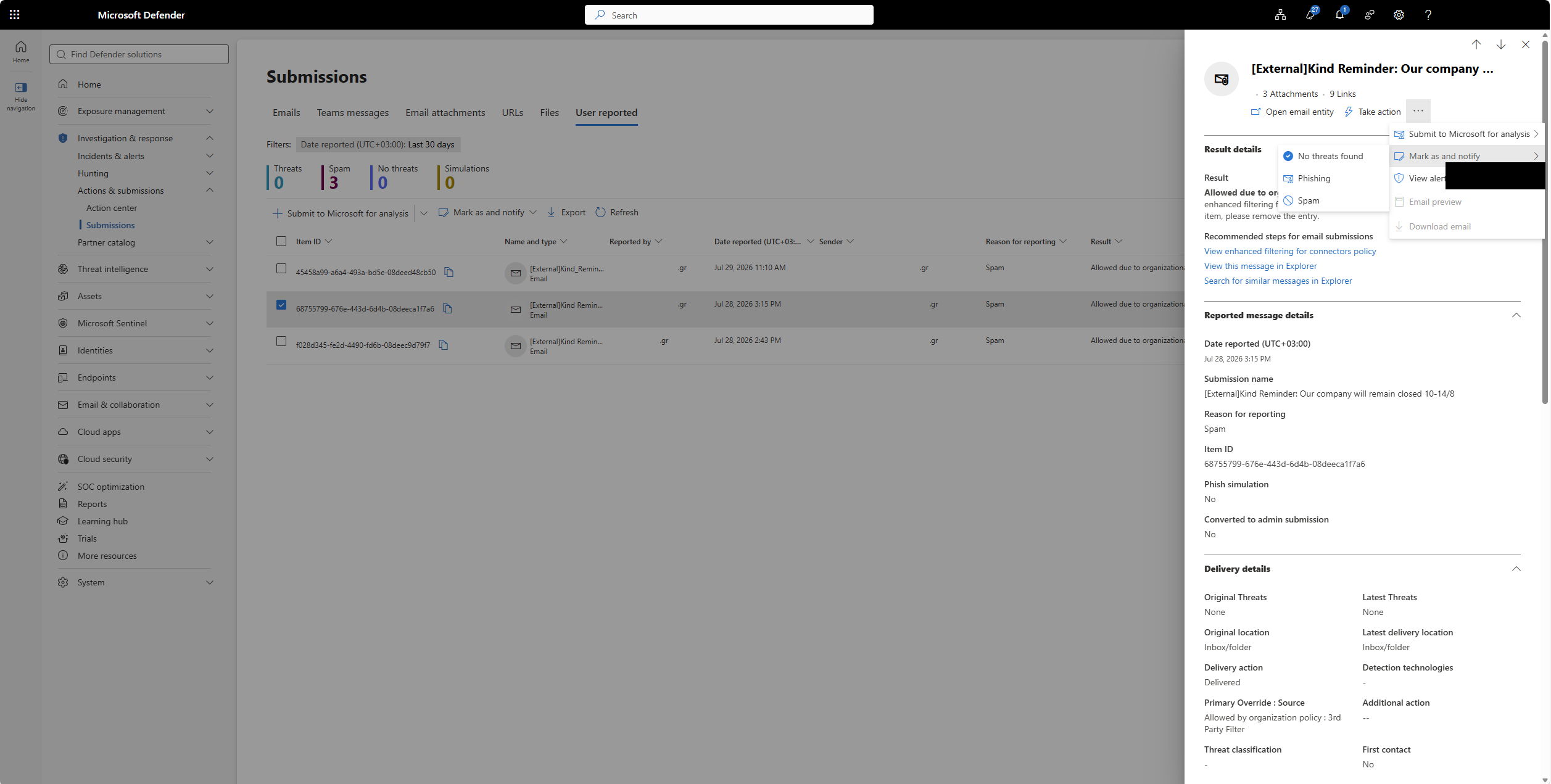 Mark as and notify action στο Submissions User reported tab