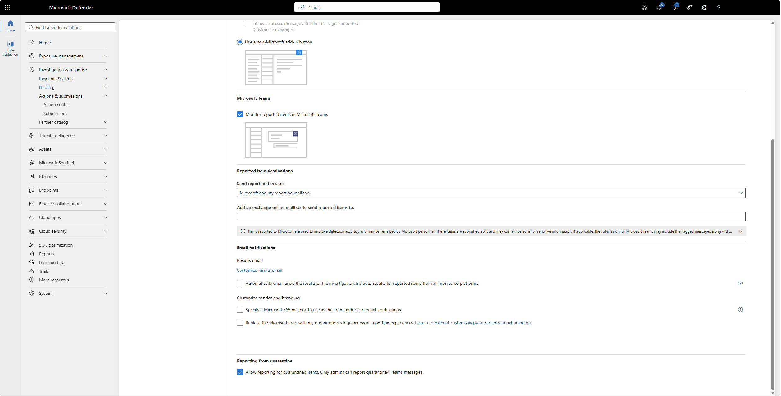 User reported settings στο Microsoft Defender portal με notification options