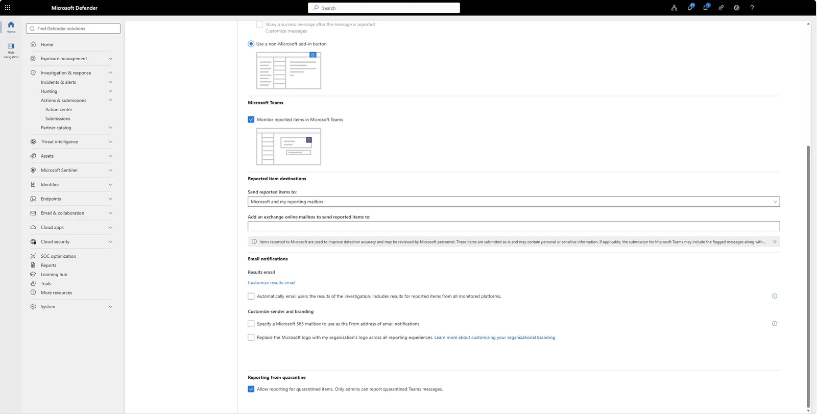 User reported settings στο Microsoft Defender portal με notification options