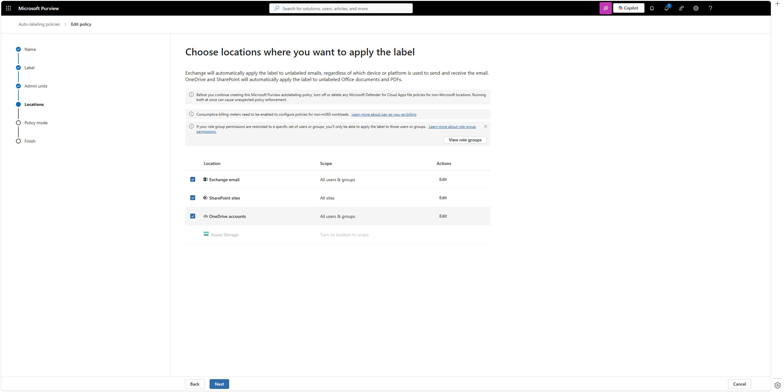 Purview auto-labeling policy configuration με τοποθεσίες SharePoint και OneDrive