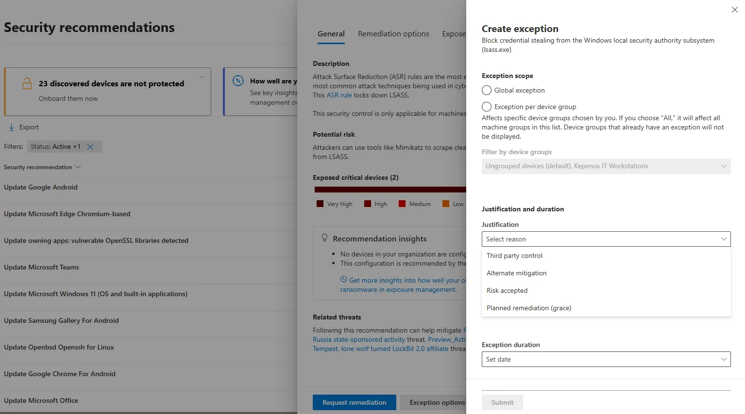 Microsoft Secure Score Status dropdown με τις επιλογές Resolved through third party και Resolved through alternate mitigation