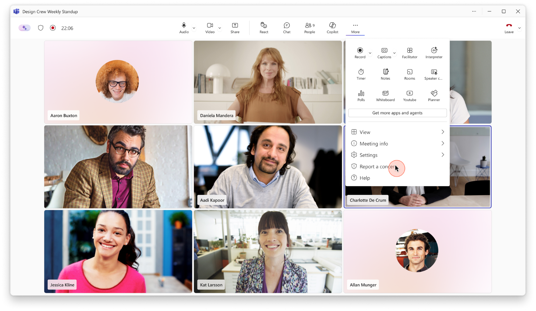 Μενού More actions στο Microsoft Teams με την επιλογή Report a concern