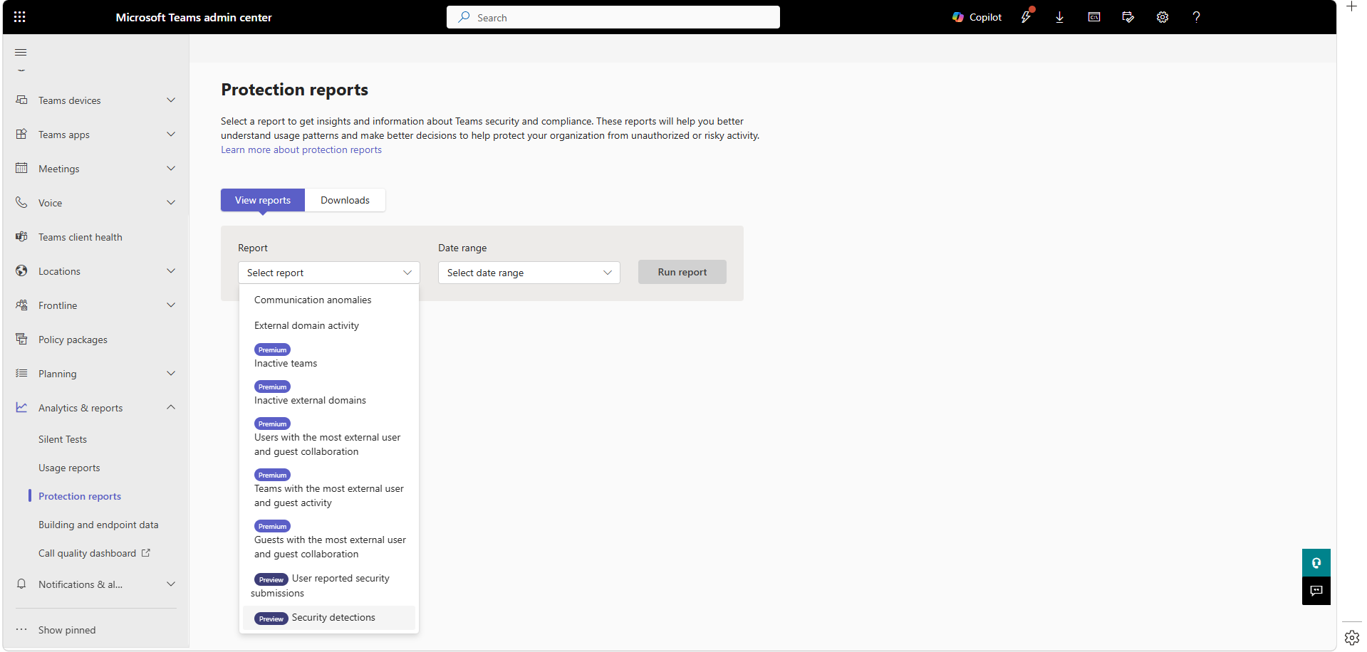 Security Detection Report στο Microsoft Teams admin center, κάτω από Analytics & reports, Protection reports